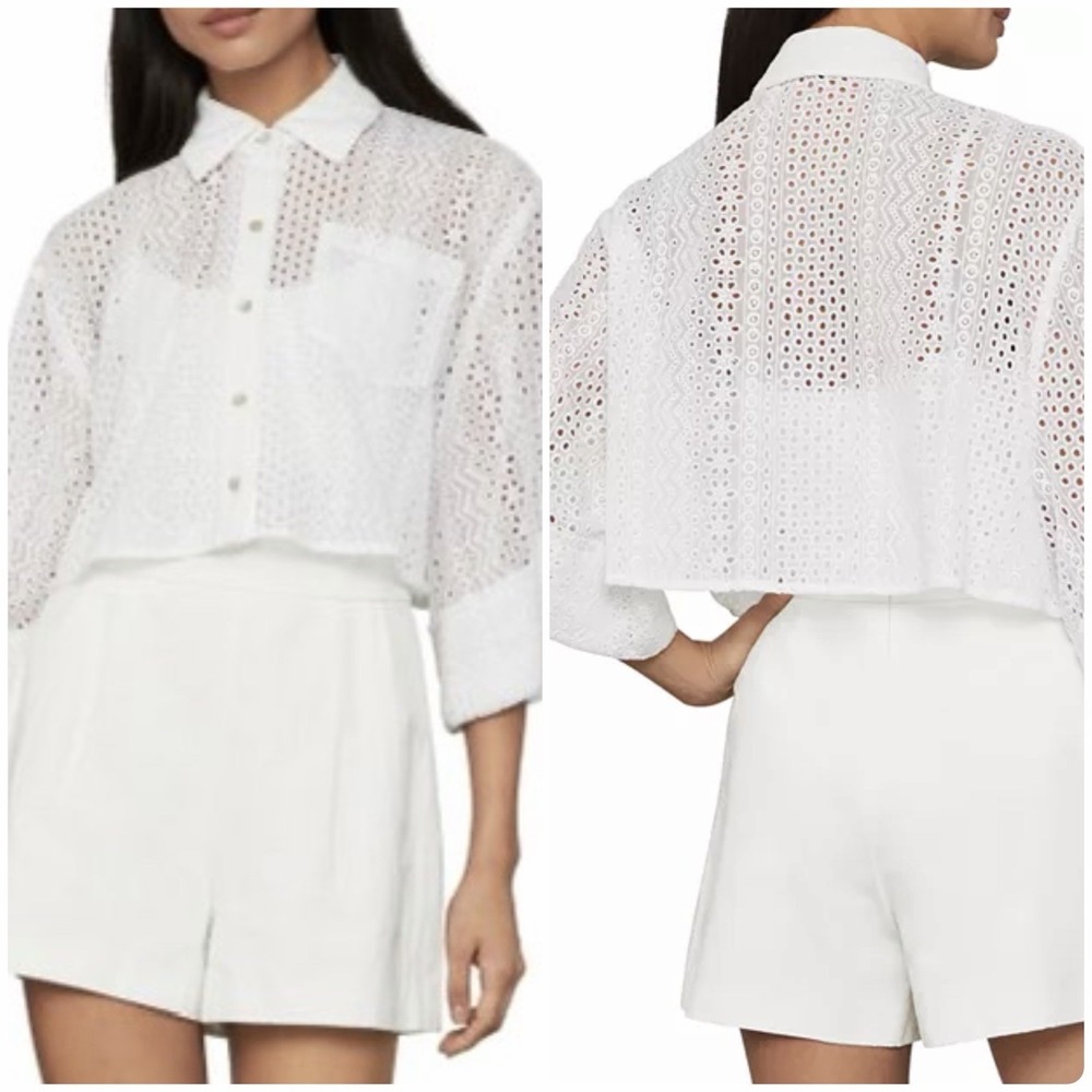 BCBGMAXAZRIA White Eyelet Lace Bell Sleeve Button Up Blouse Small Boho Chic